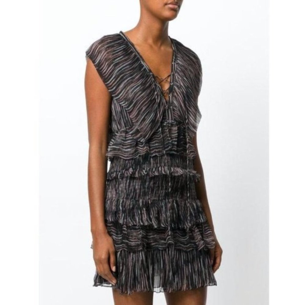 IRO Camrose Stripe Mini Dress Tiered Chiffon Lace-front Ruffle Womens Size 6